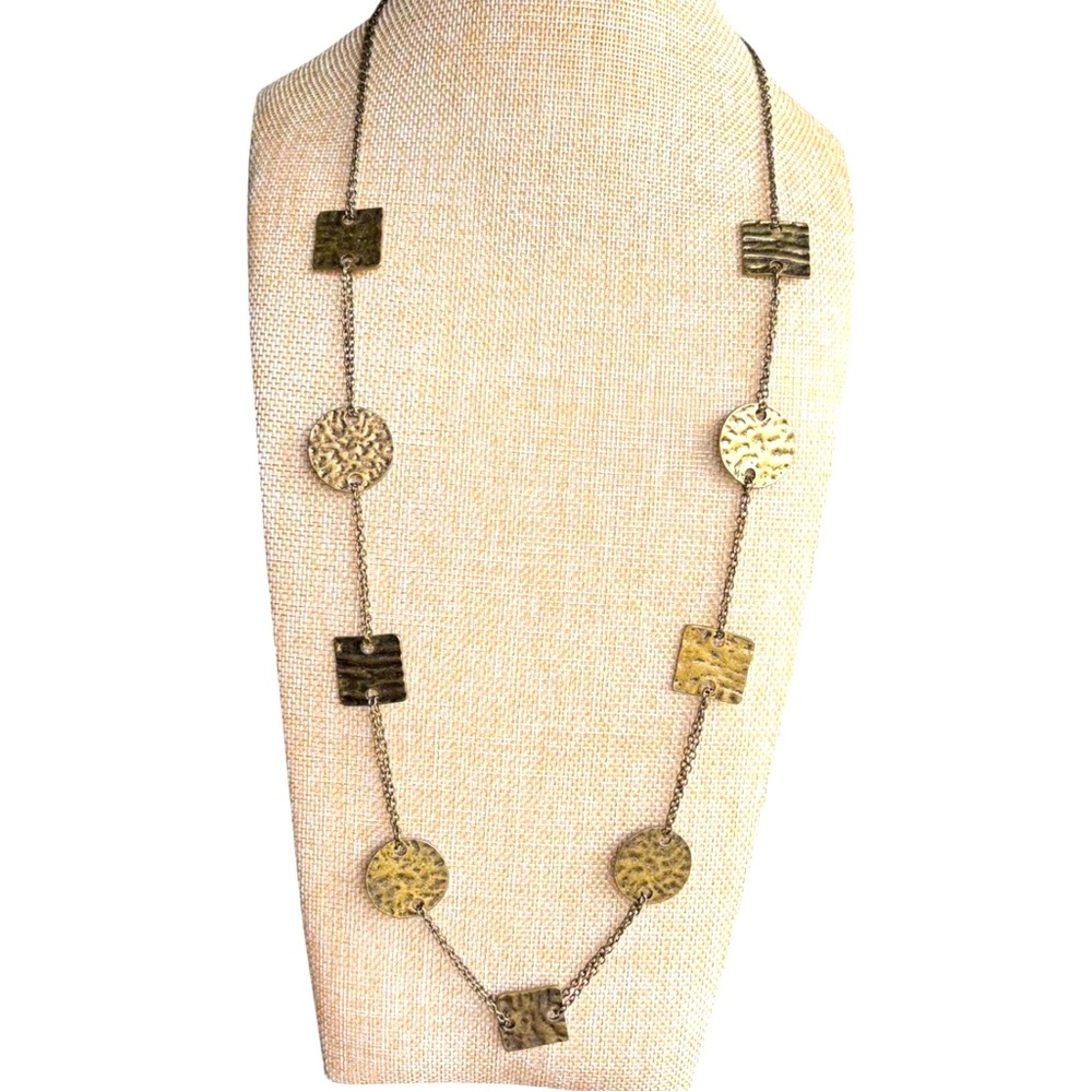 Brass Double Chain‎ Necklace with Square & Circle Brass Charms 32”